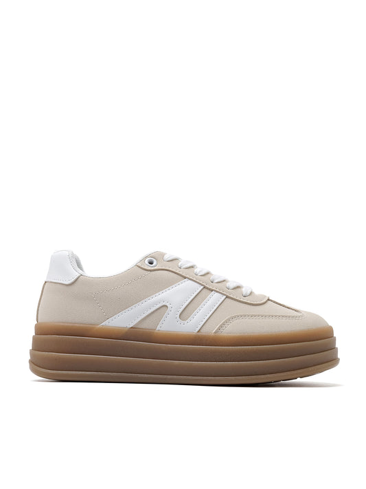 Sneaker ISABAC: tomaia in pelle scamosciata vegana con decorazione a strisce, suola platform marrone.