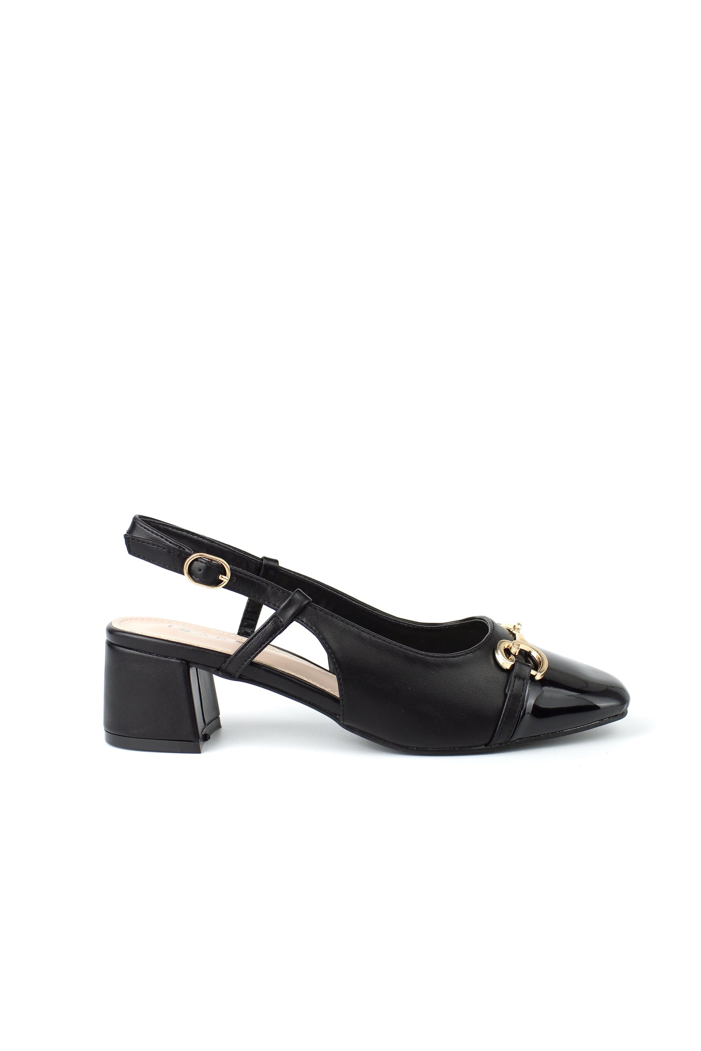 Slingback in ecopelle, tacco largo, dettaglio fibbia dorata e ecopelle in vernice sulla punta della tomaia.

Dettagli prodotto
• Made in China
• Materiali: Vegano (Materiali sintetici)