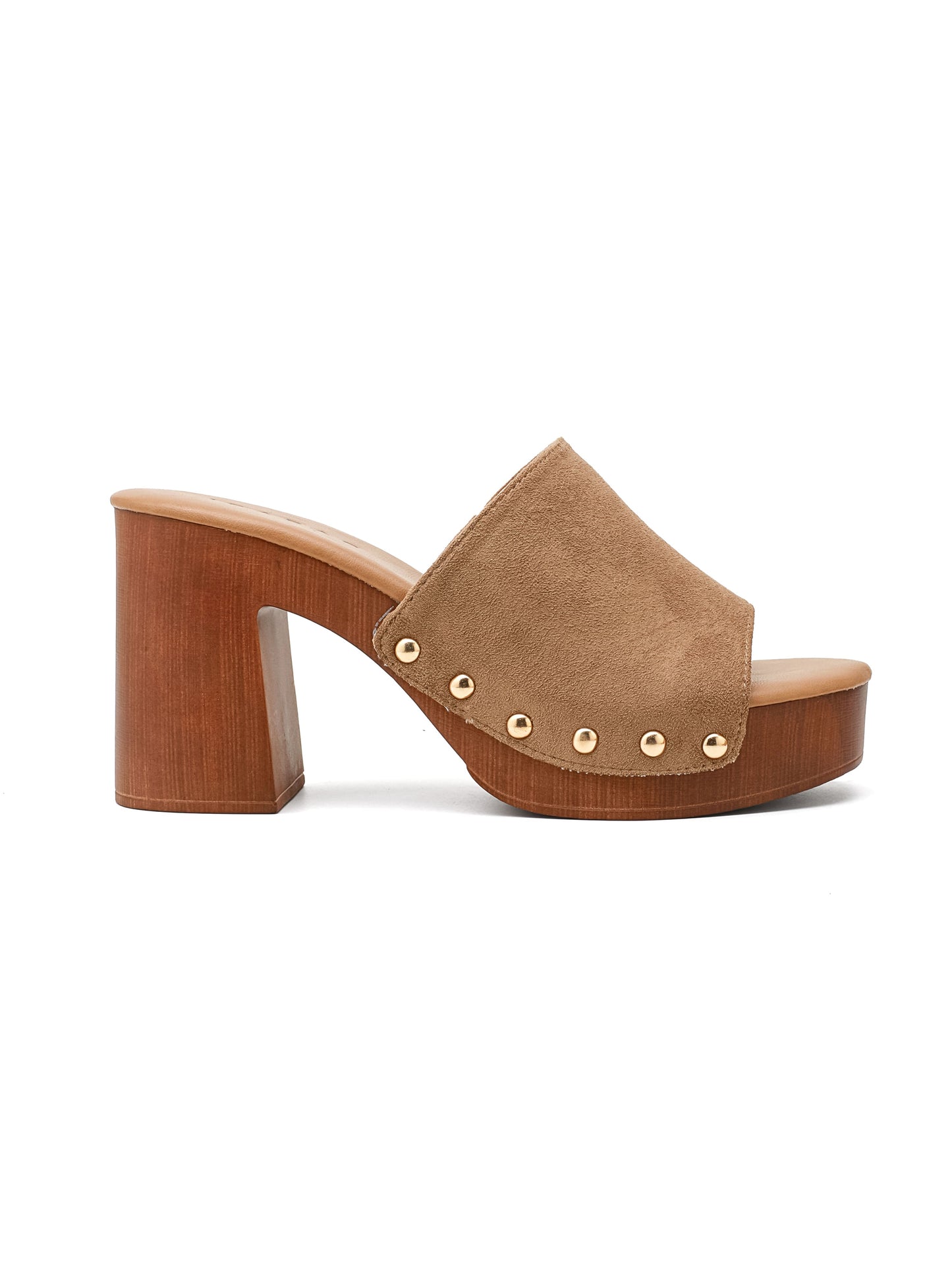 Zoccoli Mule platform ISABAC in ecopelle scamosciata, tacco a blocco leggero effetto legno, punta aperta e dettagli laterali con rivetti dorati.

Dettagli prodotto
• Made in China
• Materiali: Vegano (Materiali sintetici)