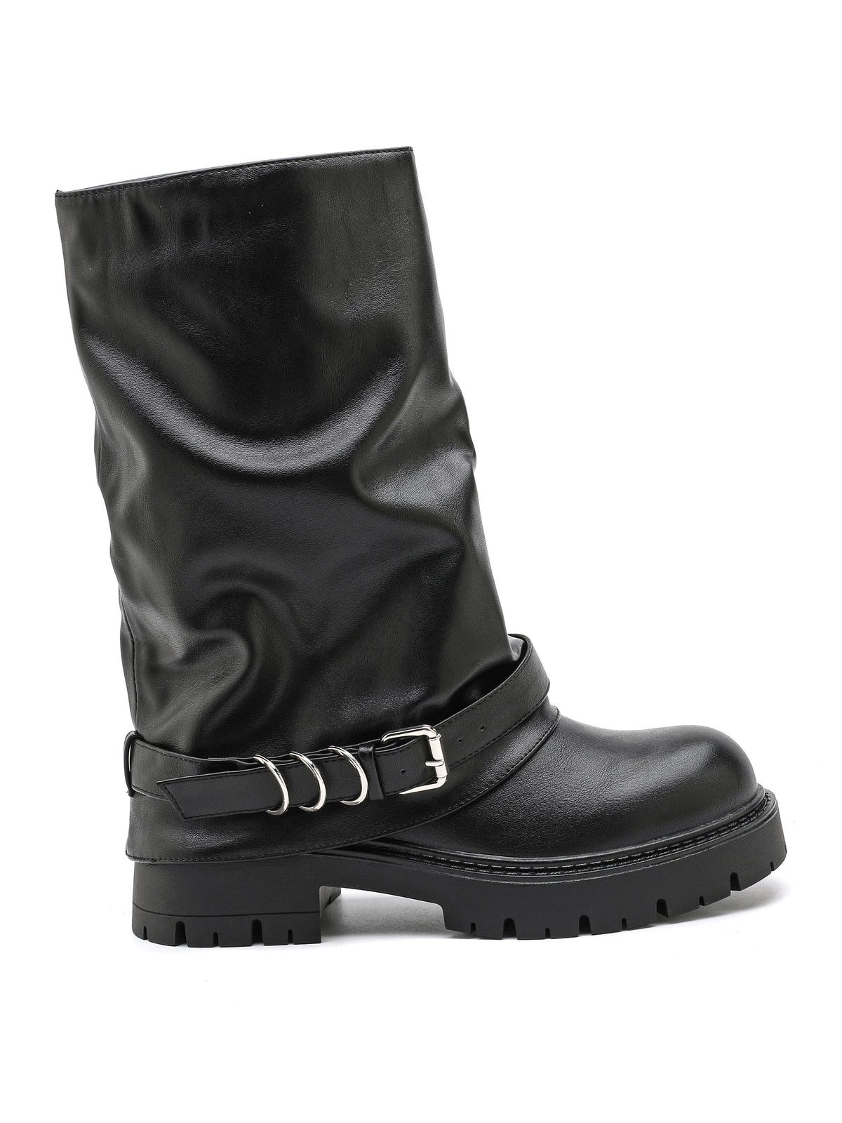 Stivale in ecopelle nera con suola chunky e cinturino decorativo con fibbie alla caviglia.

Dettagli prodotto
• Made in China
• Materiali: Vegano (Materiali sintetici)