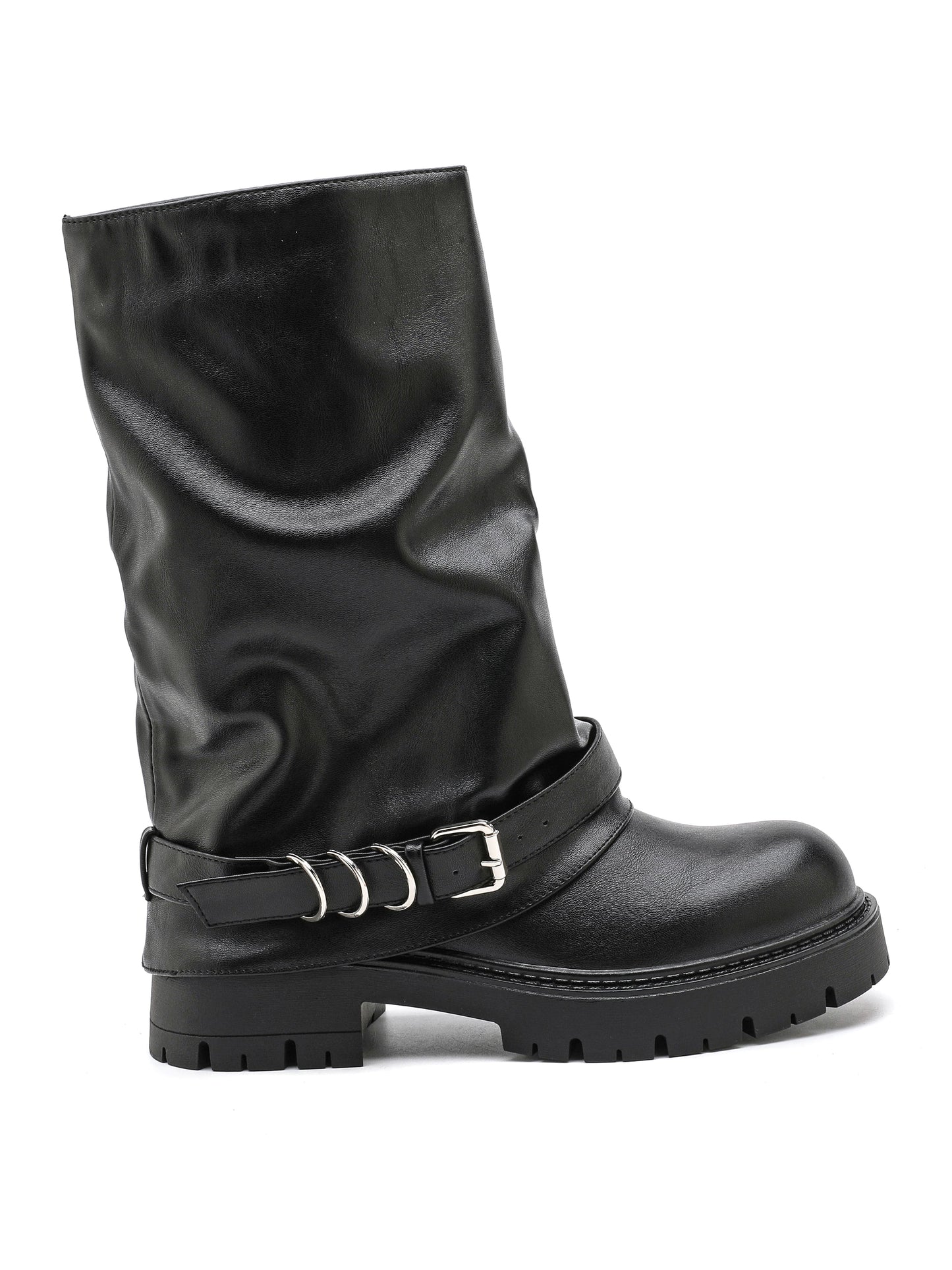 Stivale in ecopelle nera con suola chunky e cinturino decorativo con fibbie alla caviglia.

Dettagli prodotto
• Made in China
• Materiali: Vegano (Materiali sintetici)