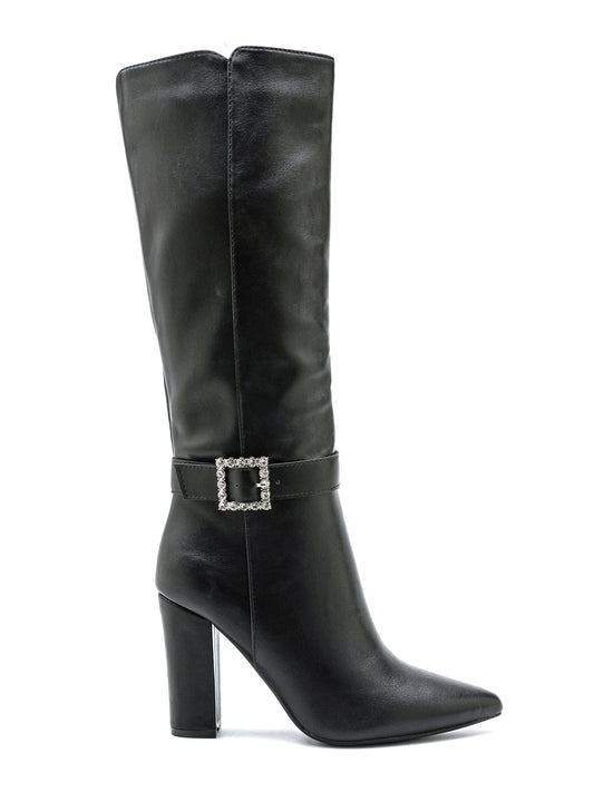 Stivale al ginocchio con tacco, punta affusolata e cinturino decorativo con fibbia diamantata alla caviglia.

Dettagli prodotto
• Made in China
• Materiali: Vegano (Materiali sintetici)