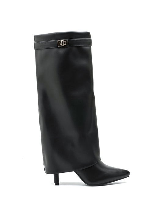 Stivale alto a tubo in ecopelle, punta affilata. Tacco alto rivestito; dettaglio fibbia dorata applicato alla tomaia superiore.

Dettagli prodotto
• Made in China
• Materiali: Vegano (Materiali sintetici)