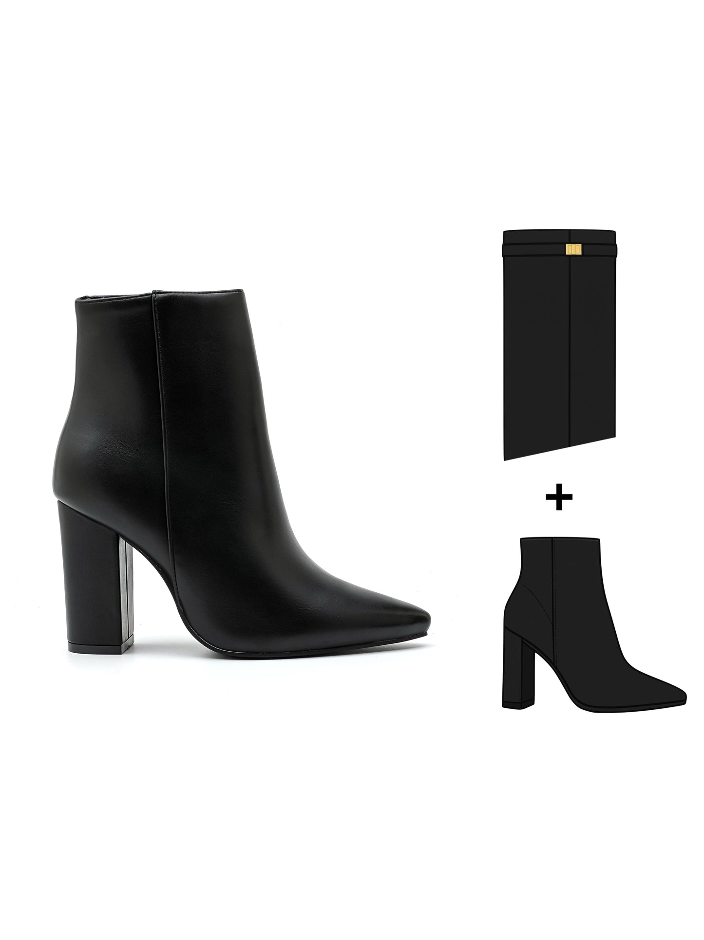 Stivaletto convertibile che presenta un gambo a tubo alto che possono essere separato, offrendo due opzioni di stile. Linea essenziale, tacco largo rivestito tono su tono, chiusura laterale con zip invisibile. 

Dettagli prodotto
• Made in China
• Materiali: Vegano (Materiali sintetici)