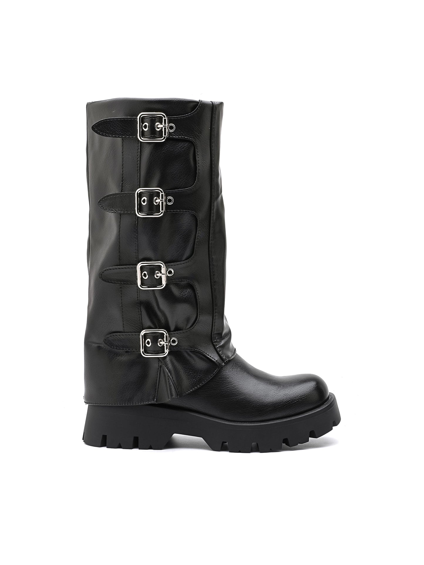 Stivale decorato con quattro fibbie argento e suola chunky in gomma.

Dettagli prodotto
• Made in China
• Materiali: Vegano (Materiali sintetici)