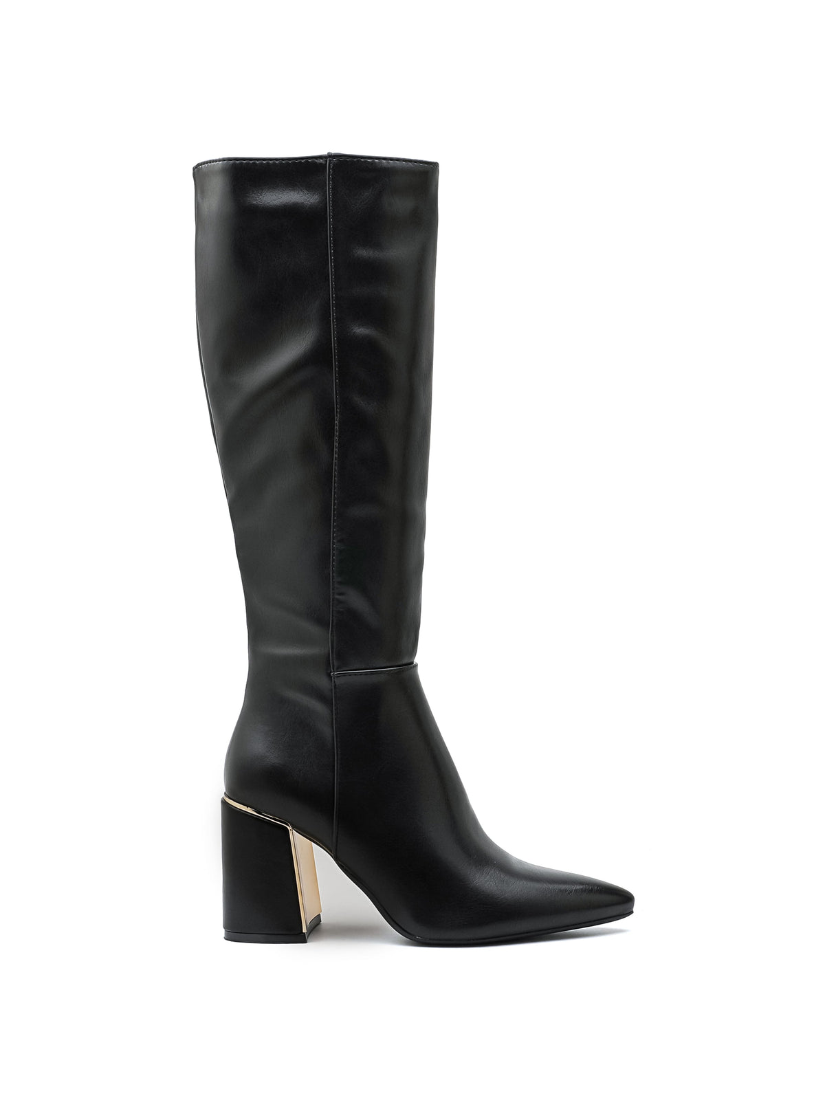 Stivale alto in pelle nera, punta affusolata, tacco alto a blocco con dettaglio metallico alla base del tacco.

Dettagli prodotto
• Made in China
• Materiali: Vegano (Materiali sintetici)