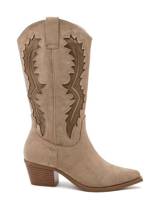 Stivale Texano Cowboy ISABAC in ecopelle scamosciata beige, punta affilata, cuciture decorative, tacco largo.

Dettagli prodotto
• Made in China
• Materiali: Vegano (Materiali sintetici)