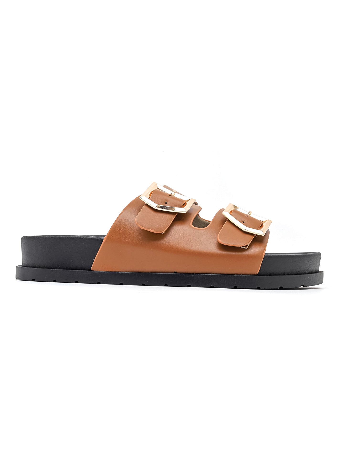 Sandalo in ecopelle con doppia fibbia dorata destrutturata, suola spessa in gomma nera.

Dettagli prodotto
• Made in China
• Materiali: Vegano (Materiali sintetici)