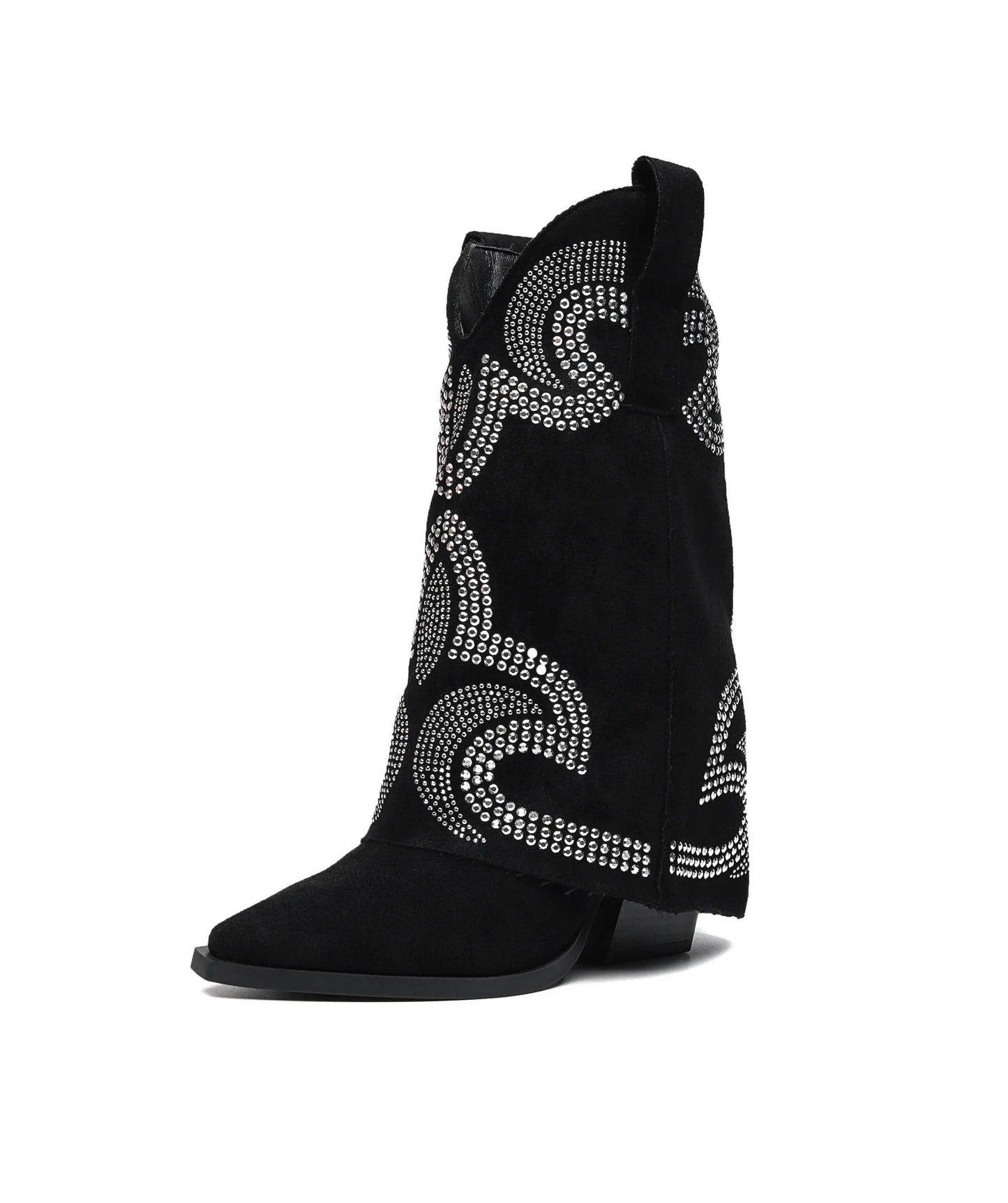 Stivale cowboy ISABAC: design elegante in nero con borchie decorative in argento, punta affusolata e dettagli di stile unici.